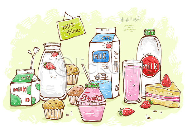 사람없음 PSD 라인일러스트 일러스트 과일 딸기 딸기우유 머핀 병우유 빨대 빵 선 우유 유제품 음료 음식 케이크 흰우유