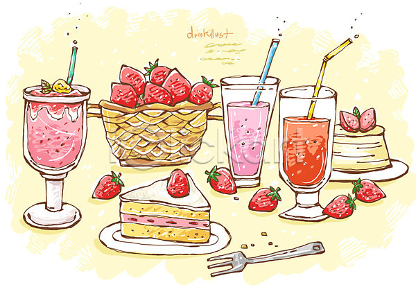 사람없음 PSD 라인일러스트 일러스트 과일 딸기 딸기주스 딸기케이크 바구니 빨대 선 음료 음식 주스 케이크