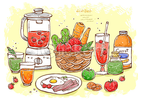 사람없음 PSD 라인일러스트 일러스트 계란프라이 녹즙 당근 믹서 베이컨 선 야채음료 야채주스 음료 채소 토마토
