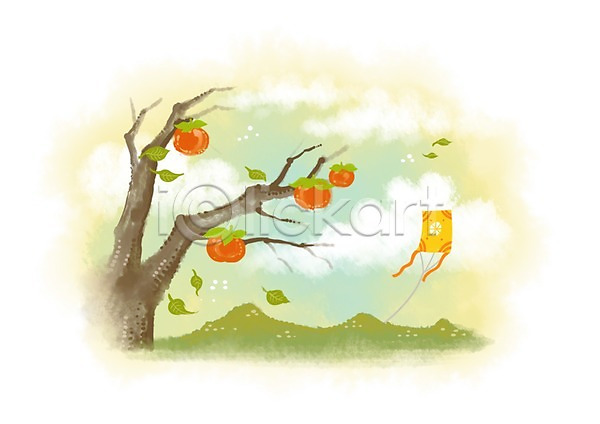 행복 사람없음 PSD 일러스트 감나무 과일 나뭇잎 명절 방패연 연 연날리기 열매 전통놀이 추석 풍경(경치)