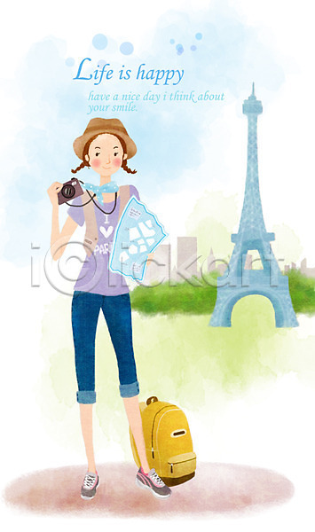 사람 성인 성인만 성인여자만 여자 여자만 여자한명만 한명 PSD 일러스트 라이프 라이프스타일 배낭 에펠탑 여행 지도 카메라 파리(프랑스) 프랑스 해외여행