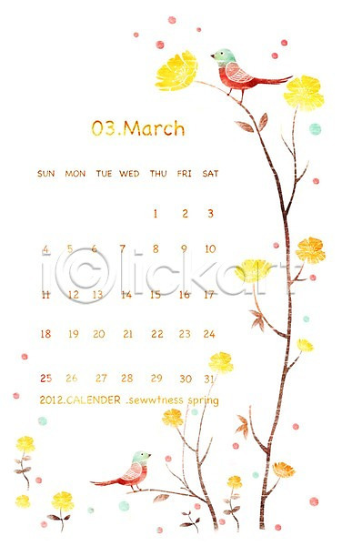 사람없음 PSD 일러스트 3월 꽃 꽃나무 나무 나뭇가지 달력 동물 두마리 백그라운드 조류 틀 프레임
