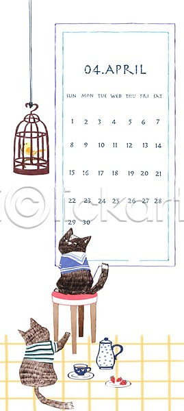 사람없음 PSD 뒷모습 일러스트 4월 고양이 그릇 달력 동물 두마리 둥지 딸기 백그라운드 새장 의자 조류 주전자 틀 프레임