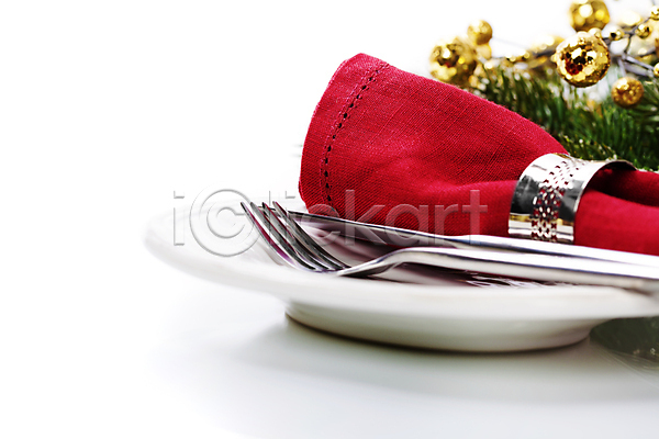 준비 사람없음 JPG 포토 해외이미지 나이프 냅킨 상차림 실내 접시 크리스마스 크리스마스용품 포크 플레이팅 해외202004 흰배경