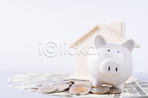 절약 사람없음 JPG 포토 해외이미지 건축모형 금융 동전 돼지저금통 저축 주택 집모양 흰배경