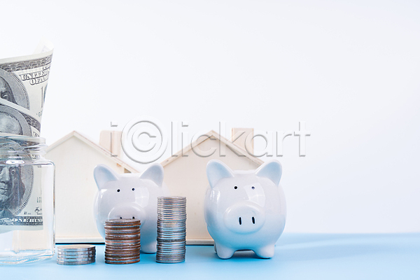 절약 사람없음 JPG 포토 해외이미지 건축모형 금융 동전탑 돼지저금통 유리병 저축 지폐 집모양 회색배경