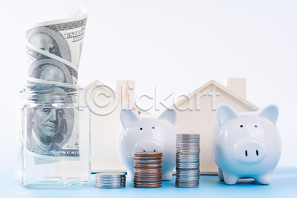 절약 사람없음 JPG 포토 해외이미지 경제 금융 동전탑 돼지저금통 유리병 저축 지폐 회색배경