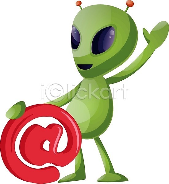 사람없음 EPS 일러스트 해외이미지 골뱅이(기호) 손들기 외계인 이메일 초록색 캐릭터 해외202004 해외202105