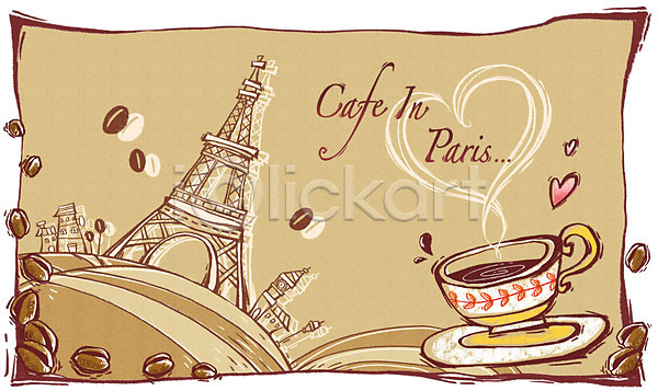 사람없음 PSD 라인일러스트 일러스트 초크일러스트 백그라운드 선 에펠탑 원두 음료 음식 카페 커피 커피잔 파리(프랑스) 하트