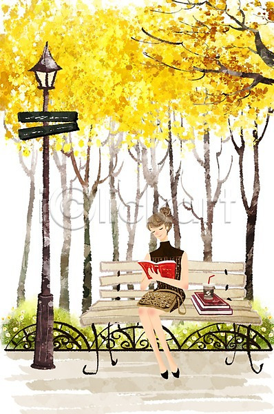 20대 30대 사람 성인 성인만 성인여자만 여자 여자만 여자한명만 한명 PSD 일러스트 가로등 가방 가을(계절) 가을배경 공원 꽃 나무 독서 라이프 라이프스타일 백그라운드 벤치 수채화(물감) 숲 앉기 은행나무 책 커피
