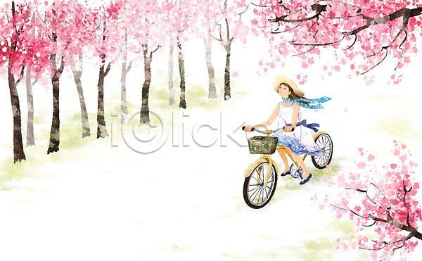 산책 20대 30대 사람 성인 성인만 성인여자만 여자 여자만 여자한명만 한명 PSD 일러스트 가로수 길 나무 라이프 라이프스타일 목도리 미소(표정) 백그라운드 벚꽃 벚나무 봄 봄배경 수채화(물감) 숲 웃음 자전거