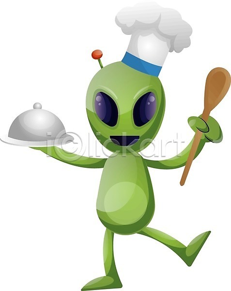 사람없음 EPS 일러스트 해외이미지 들기 외계인 요리사 요리사모자 쟁반덮개 주걱 초록색 캐릭터 해외202004 해외202105
