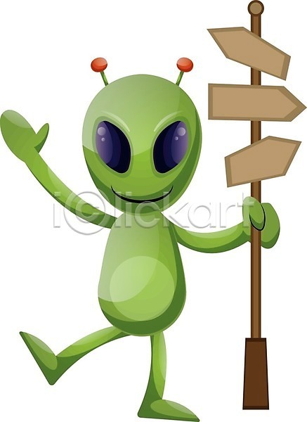사람없음 EPS 일러스트 해외이미지 방향표지판 손인사 외계인 잡기 초록색 캐릭터 해외202004 해외202105