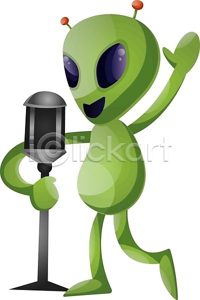 사람없음 EPS 일러스트 해외이미지 마이크 손들기 스탠드마이크 외계인 잡기 초록색 캐릭터 해외202004 해외202105