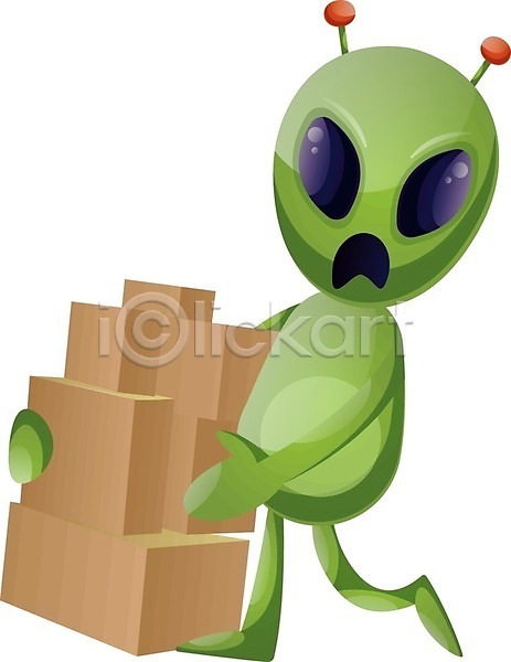 사람없음 EPS 일러스트 해외이미지 들기 무거움 상자 외계인 운반 초록색 캐릭터 택배상자 해외202004 해외202105