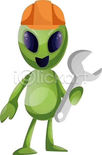 사람없음 EPS 일러스트 해외이미지 건설근로자 들기 스패너 안전모 외계인 초록색 캐릭터 해외202004 해외202105