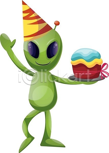사람없음 EPS 일러스트 해외이미지 고깔(모자) 생일 생일케이크 외계인 초록색 캐릭터 해외202004 해외202105
