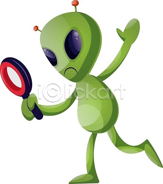 사람없음 EPS 일러스트 해외이미지 관찰 돋보기 들기 외계인 초록색 캐릭터 해외202004 해외202105 확인