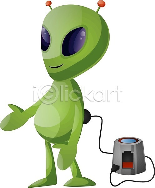 사람없음 EPS 일러스트 해외이미지 건전지 외계인 초록색 충전 캐릭터 해외202004 해외202105