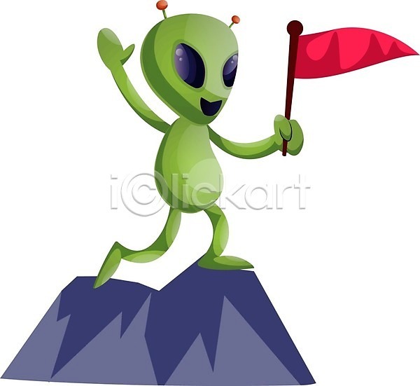 사람없음 EPS 일러스트 해외이미지 깃발 들기 등산 산 외계인 정상 초록색 캐릭터 해외202004 해외202105