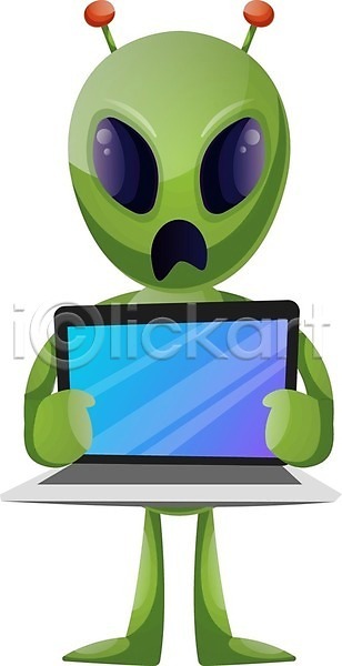 사람없음 EPS 일러스트 해외이미지 노트북 들기 외계인 초록색 캐릭터 해외202004 해외202105
