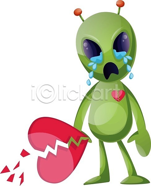 사랑 슬픔 이별 사람없음 EPS 일러스트 해외이미지 균열 깨짐 눈물 실연 외계인 울음 초록색 캐릭터 하트 해외202004 해외202105