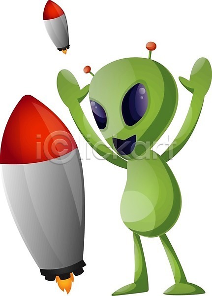 사람없음 EPS 일러스트 해외이미지 로켓 로켓발사 만세 외계인 초록색 캐릭터 해외202004 해외202105