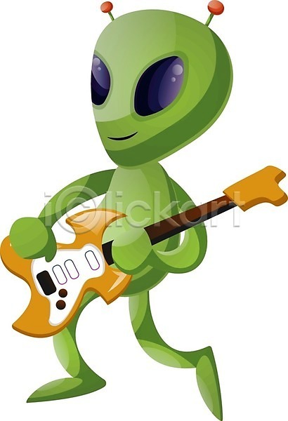 사람없음 EPS 일러스트 해외이미지 기타 연주 외계인 일렉기타 초록색 캐릭터 해외202004 해외202105
