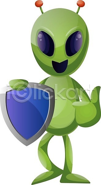보호 사람없음 EPS 일러스트 해외이미지 가리킴 방패 보안 외계인 초록색 캐릭터 해외202004 해외202105