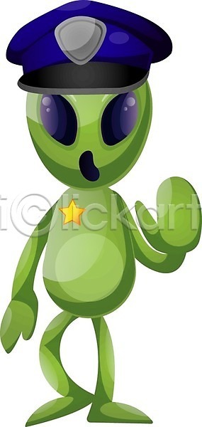 사람없음 EPS 일러스트 해외이미지 경찰 경찰모자 손내밀기 외계인 초록색 캐릭터 통제 해외202004 해외202105