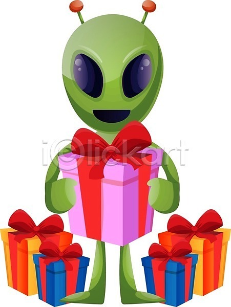 사람없음 EPS 일러스트 해외이미지 들기 선물 선물상자 외계인 초록색 캐릭터 해외202004 해외202105