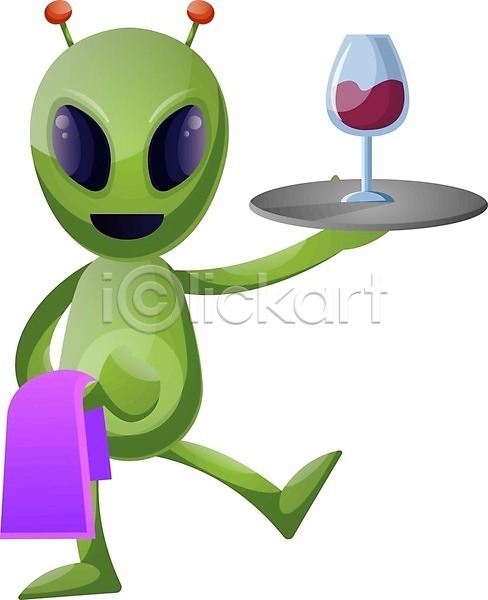 사람없음 EPS 일러스트 해외이미지 서빙 와인 와인잔 외계인 웨이터 쟁반 초록색 캐릭터 해외202004 해외202105