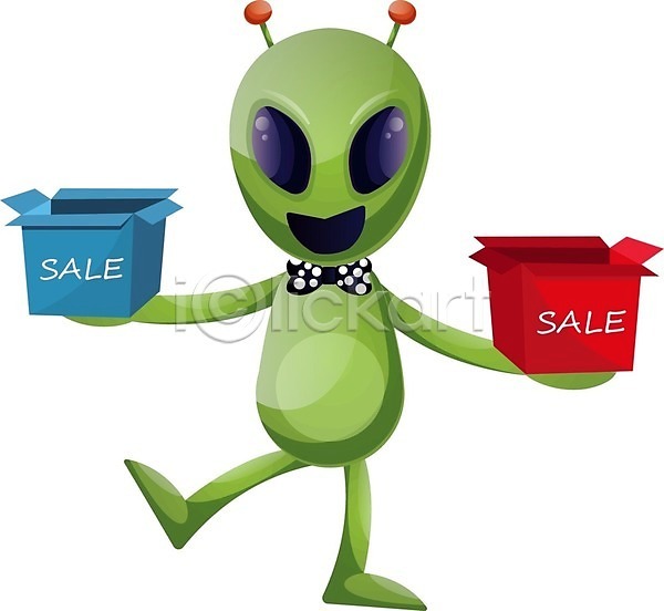 사람없음 EPS 일러스트 해외이미지 나비넥타이 들기 상자 세일 외계인 초록색 캐릭터 해외202004 해외202105