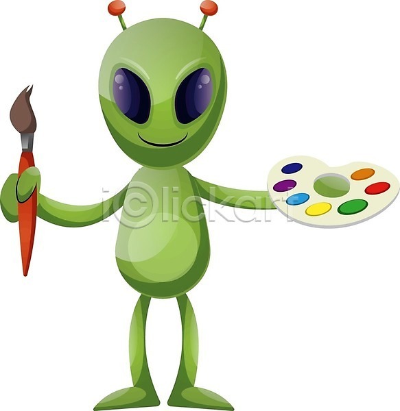 사람없음 EPS 일러스트 해외이미지 들기 미술 붓 외계인 초록색 캐릭터 팔레트 해외202004 해외202105