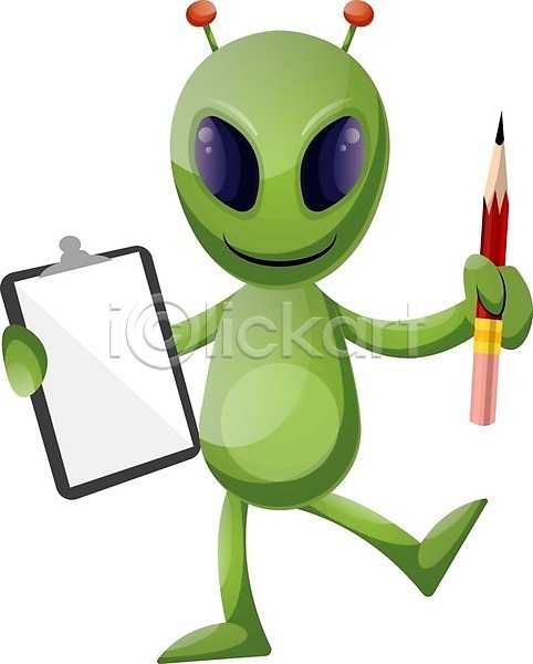 사람없음 EPS 일러스트 해외이미지 들기 서류판 연필 외계인 초록색 캐릭터 해외202004 해외202105