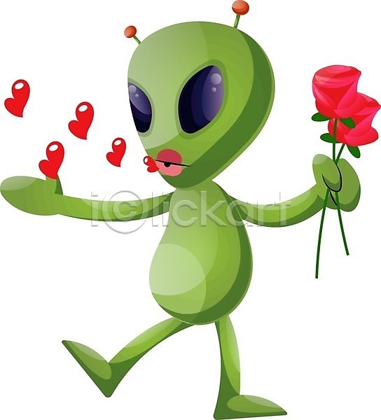 사람없음 EPS 일러스트 해외이미지 외계인 장미 초록색 캐릭터 키스 프로포즈 하트 해외202004 해외202105