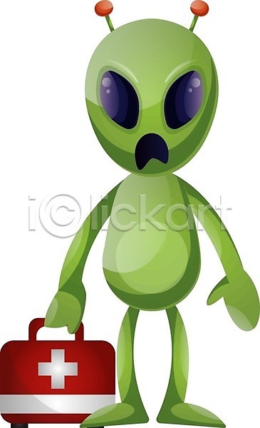 사람없음 EPS 일러스트 해외이미지 구급상자 들기 서기 외계인 초록색 캐릭터 해외202004 해외202105