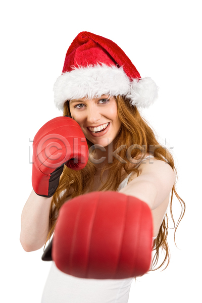 축하 행복 백인 여자 청소년 한명 JPG 포토 해외이미지 고립 권투 권투글러브 긴머리 미소(표정) 빨간머리 빨간색 산타모자 어려운 운동 응시 자르기 주먹 축제 크리스마스 해외202105 휴가 흰배경 힘