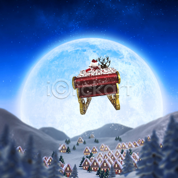 추위 축하 남자 백인 한명 JPG 포토 해외이미지 겨울 눈내림 달 디지털 마법 마을 보름달 빛망울 빨간색 산타클로스 선물 순록 숲 썰매 옛날 장식 전등 주택 축제 컴퓨터그래픽 크리스마스 해외202105 황금 휴가