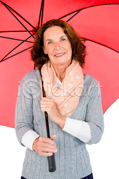 보호 스마트 평화 행복 60대 남자 백인 사람없음 JPG 포토 해외이미지 갈색머리 겨울 겨울옷 계절 고립 날씨 라이프스타일 목도리 미소(표정) 빨간색 스웨터 안전 우산 응시 자르기 잡기 짧은머리 캐주얼 해외202105 흰배경