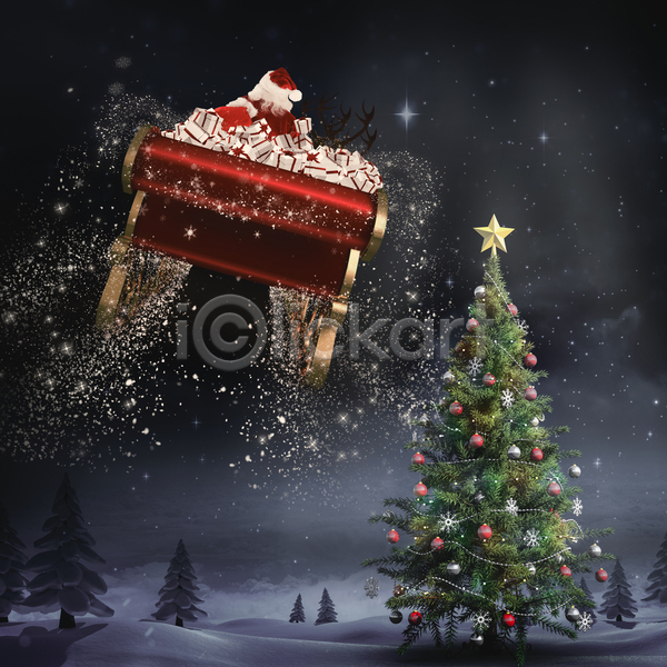 축하 남자 백인 한명 JPG 포토 해외이미지 디지털 마법 별 빨간색 산타클로스 선물 순록 숲 썰매 야간 전나무 축제 컴퓨터그래픽 크리스마스 하늘 해외202105 황금 휴가