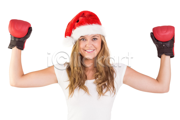 축하 행복 20대 백인 여자 청소년 한명 JPG 포토 해외이미지 고립 권투 권투글러브 금발 미소(표정) 빨간색 산타모자 어려운 운동 응시 자르기 주먹 축제 크리스마스 해외202105 휴가 흰배경 힘