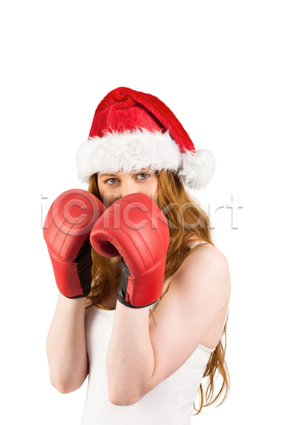 축하 행복 백인 여자 청소년 한명 JPG 포토 해외이미지 고립 권투 권투글러브 긴머리 미소(표정) 빨간머리 빨간색 산타모자 어려운 운동 응시 자르기 주먹 축제 크리스마스 해외202105 휴가 흰배경 힘