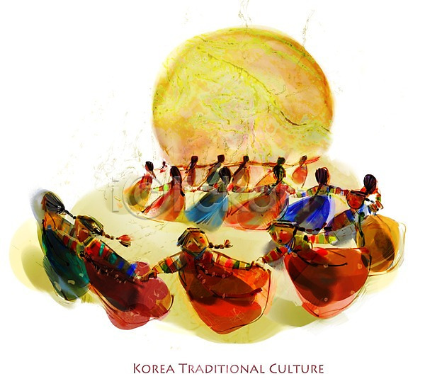 과거 사람 여러명 여자 여자만 PSD 일러스트 강강술래 놀이 달 문화 보름달 율동 전통 전통놀이 전통문화 전통의상 춤 한국전통 한복
