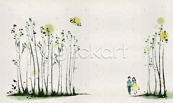 산책 남자 두명 사람 성인 성인만 여자 PSD 일러스트 나무 백그라운드 수묵화 숲 여름(계절) 자작나무 캘리그라피 캘리배경 커플 풍경(경치)