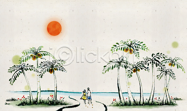 산책 남자 두명 사람 성인 성인만 여자 PSD 뒷모습 일러스트 백그라운드 수묵화 야자수 여름(계절) 캘리그라피 캘리배경 커플 태양 풍경(경치) 해 해변