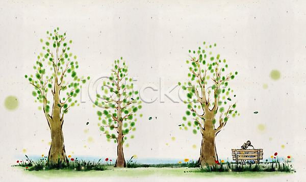 산책 휴식 남자 두명 사람 성인 성인만 여자 PSD 일러스트 가로수 나무 백그라운드 벤치 수묵화 여름(계절) 캘리그라피 캘리배경 커플 풍경(경치)