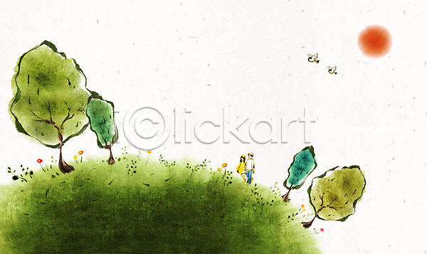 남자 두명 사람 성인 성인만 여자 PSD 일러스트 나무 동산 백그라운드 수묵화 여름(계절) 캘리그라피 캘리배경 커플 태양 풀(식물) 풍경(경치) 해