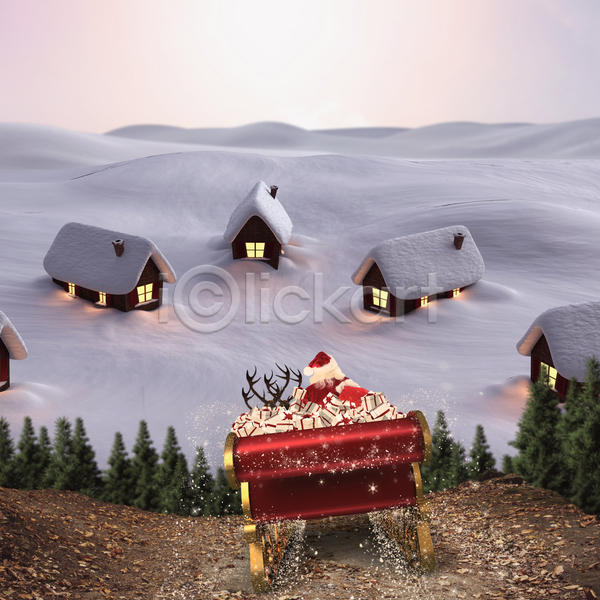 추위 축하 남자 백인 한명 JPG 포토 해외이미지 겨울 눈내림 디지털 마법 마을 빨간색 산타클로스 선물 순록 숲 썰매 전나무 주택 축제 컴퓨터그래픽 크리스마스 해외202105 황금 휴가