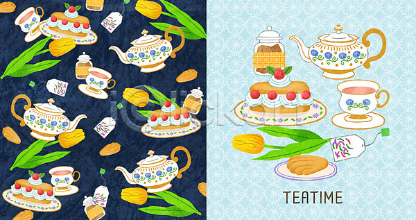 티타임 사람없음 PSD 일러스트 꽃 디저트 빵 유리병 접시 찻잔 찻주전자 컵받침 케이크 티백 패턴 패턴백그라운드
